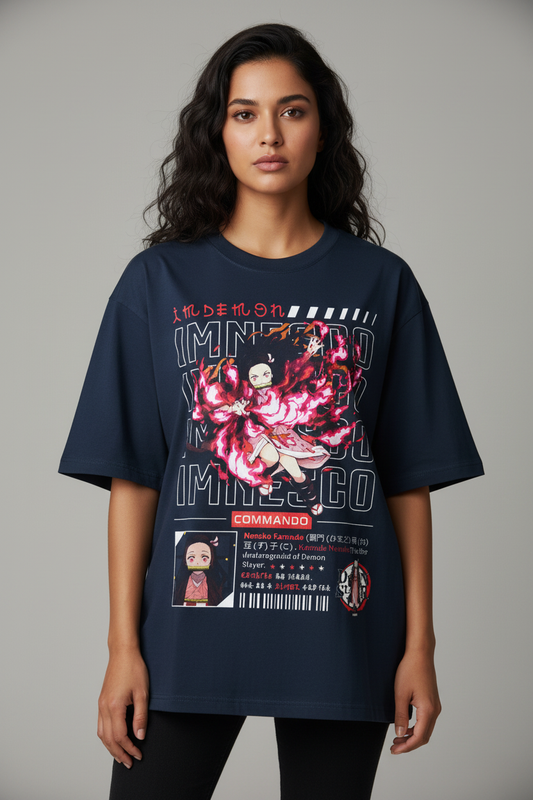 Blood Flame Commando Oversized T-Shirt – Navy Blue – Front – Indian Female Model