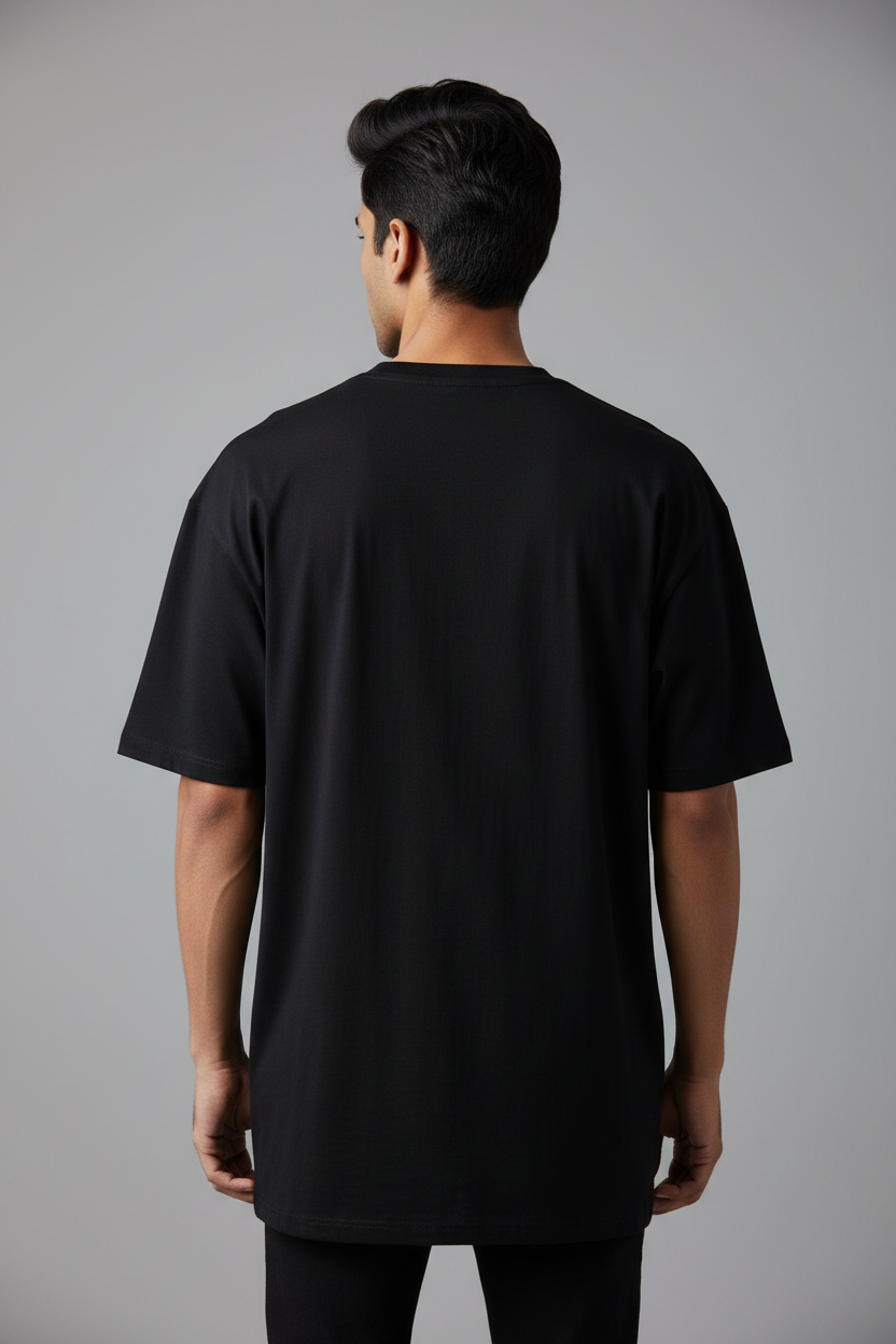 Six Eyes vs Cursed Power Oversized T-Shirt – Black – Back – Indian Male Model
