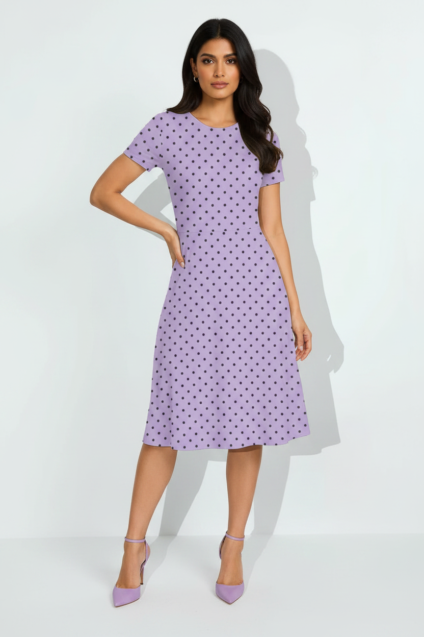 Lilac Elegance Polka Dress - fair-skinned Indian female model wearing lilac lavender polka dot dress, matching heels, white studio background
