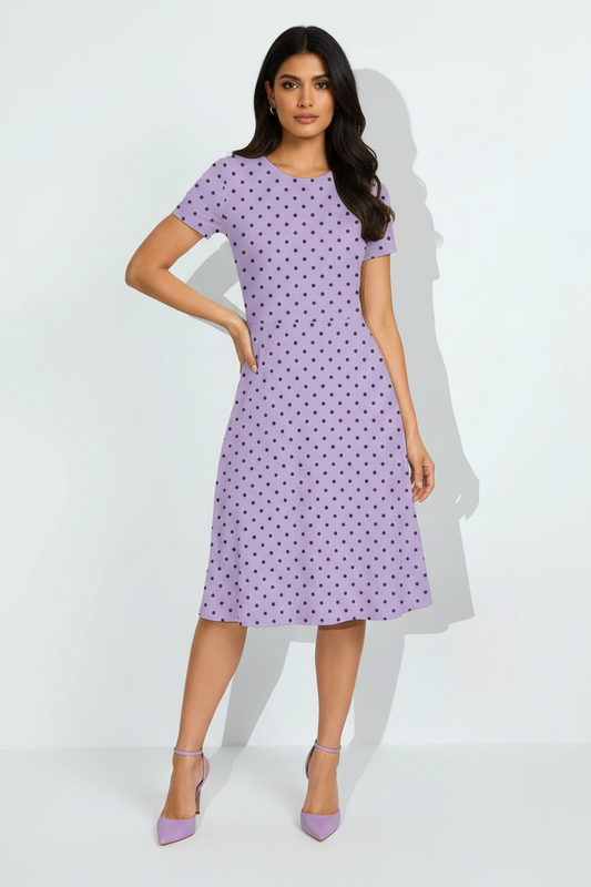 Lilac Elegance Polka Dress - fair-skinned Indian female model wearing lilac lavender polka dot dress, matching heels, white studio background