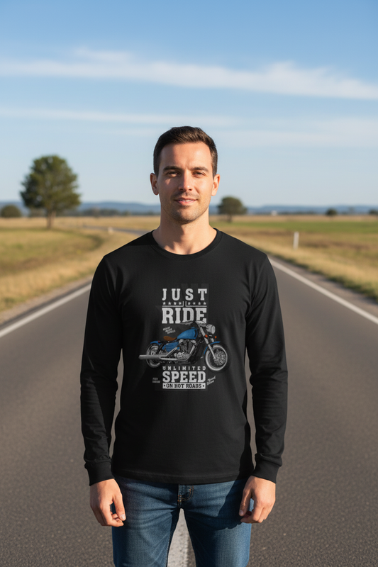Male model wearing Just Ride Unlimited Speed full-sleeve t-shirt with open road background
