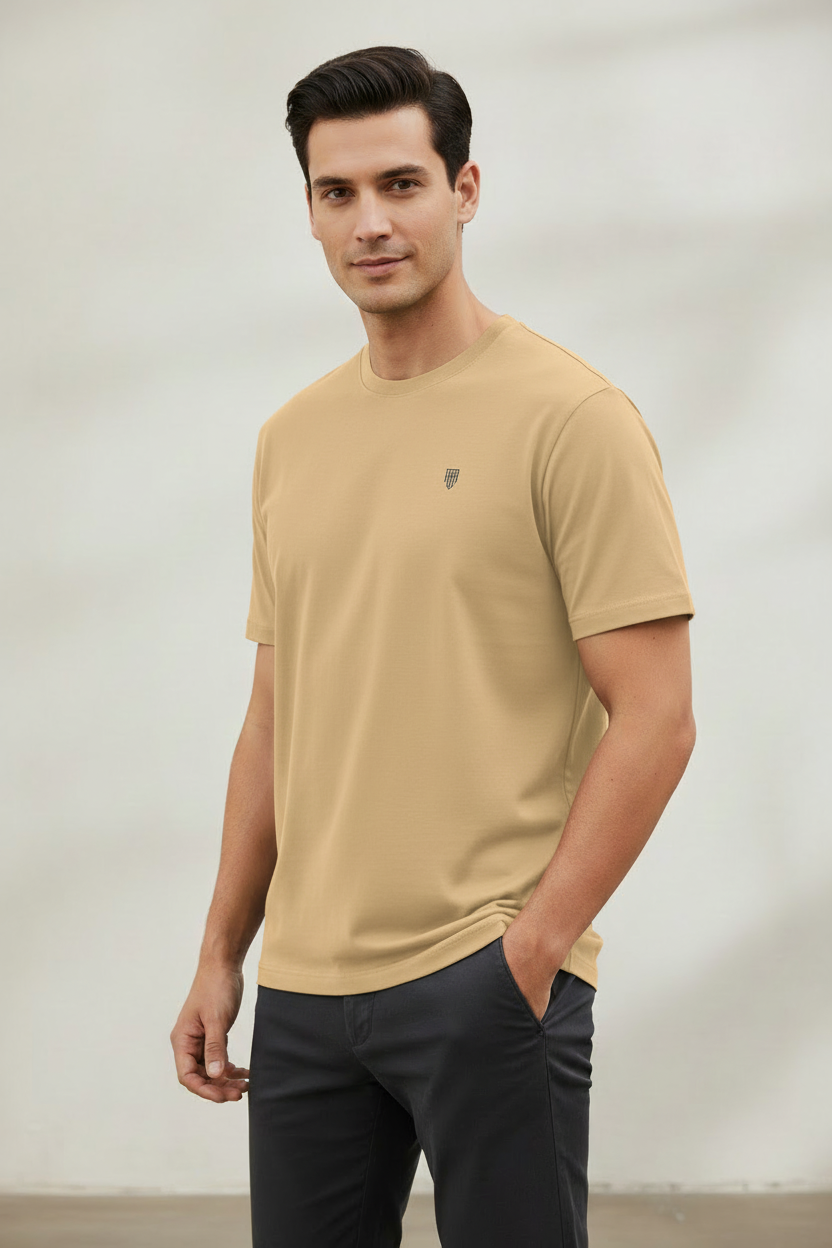 HAViT Men's Crew Neck T-Shirt – Beige – Indian Male Model