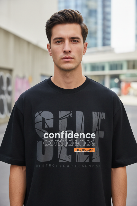 Male model wearing Self Confidence oversized t-shirt