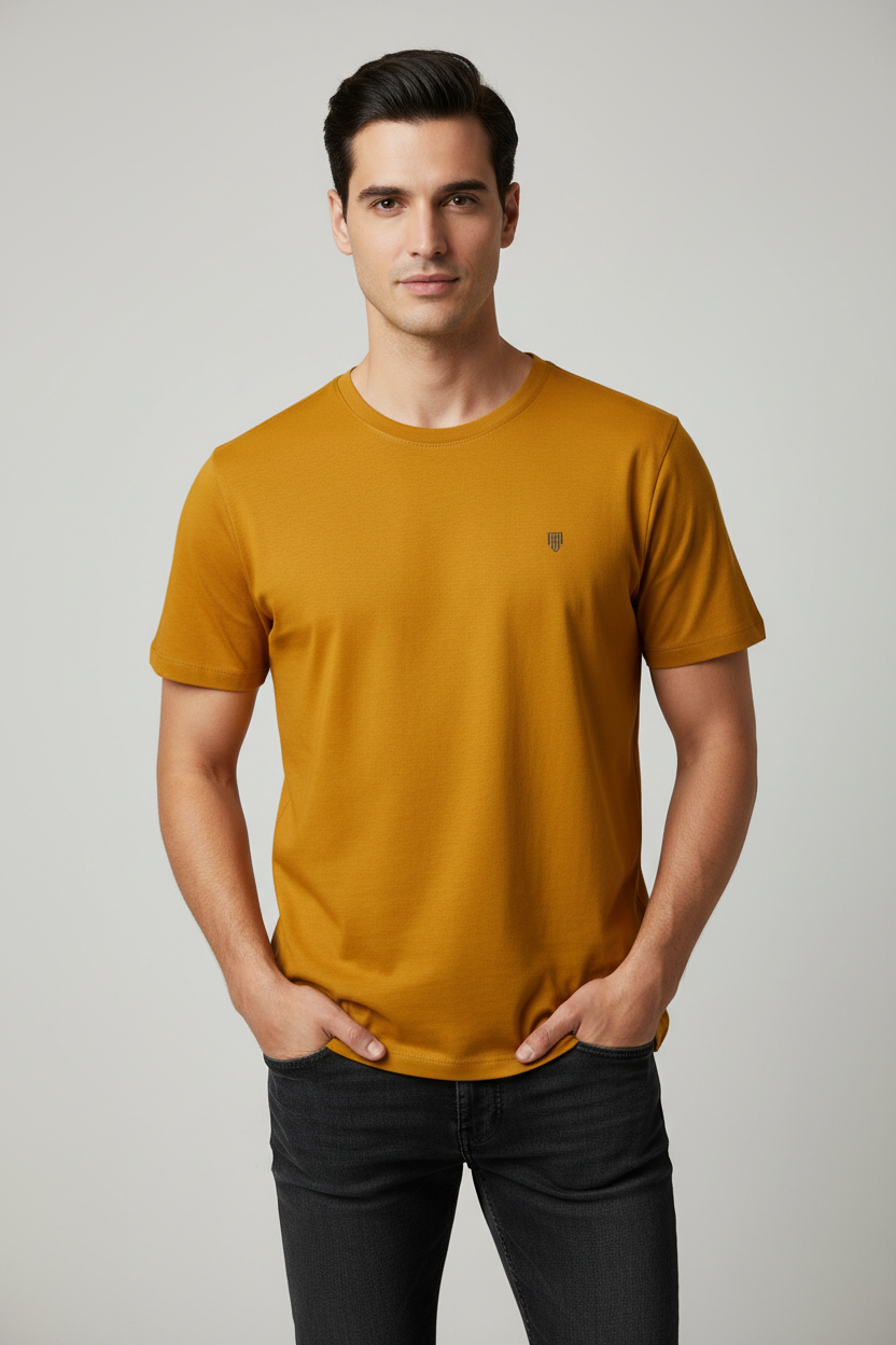 HAViT Men's Crew Neck T-Shirt – Golden Yellow – Indian Male Model