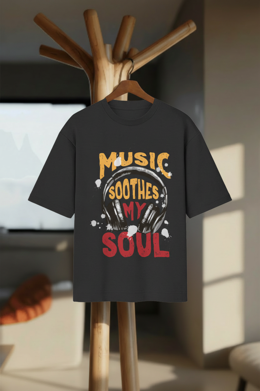 Music Soothes My Soul – Oversized Graphic T-Shirt - Hanger Mockup