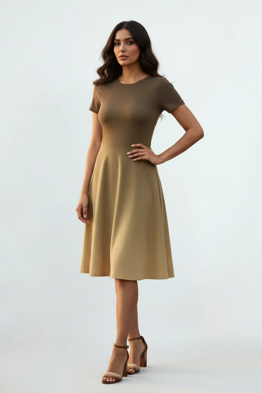 Indian female model wearing Mocha Ombre Fit and Flare Dress in studio setting, confident hand-on-hip pose, full body shot