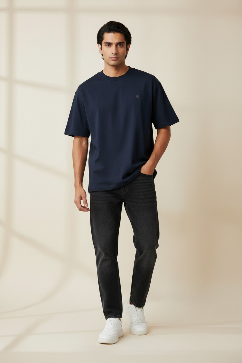 HAViT Classic Oversized T-Shirt – Navy Blue – Indian Male Model