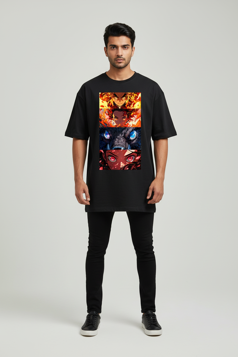 Flame & Beast Saga Oversized T-Shirt – Black – Front – Indian Male Model