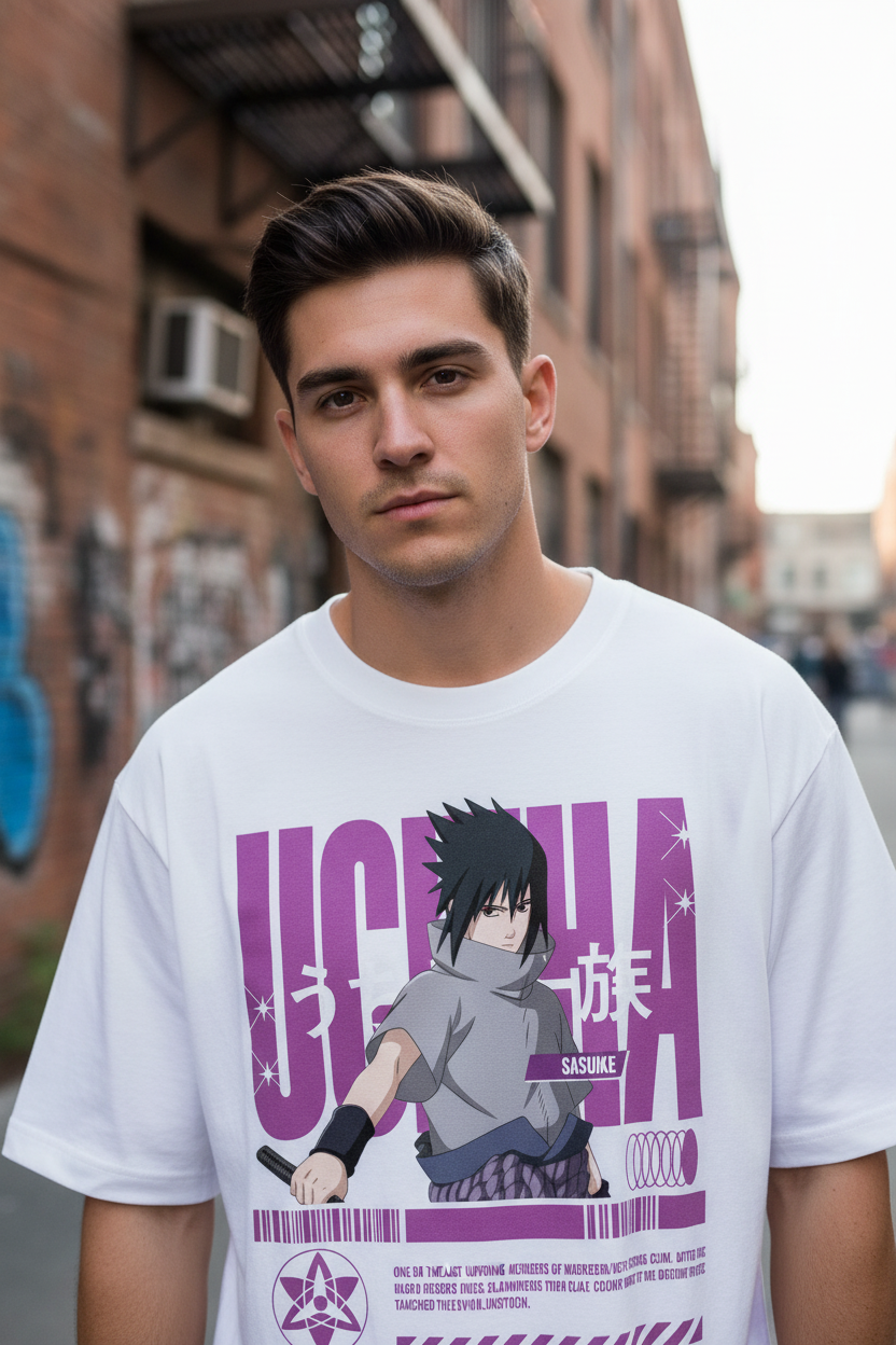 Male model wearing Sasuke Uchiha – Vengeance Mode oversized t-shirt