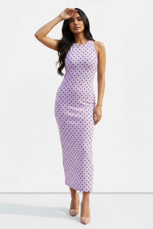 Lavender Noir Polka Bodycon Dress - wheatish-toned Indian female model wearing lavender bodycon dress with black polka dots, nude heels, white studio background