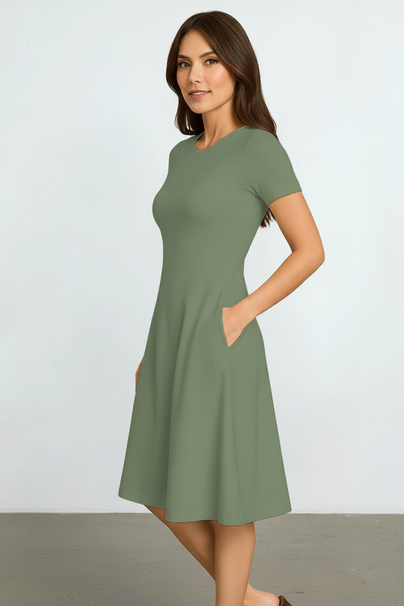 Indian model wearing olive green A-line dress