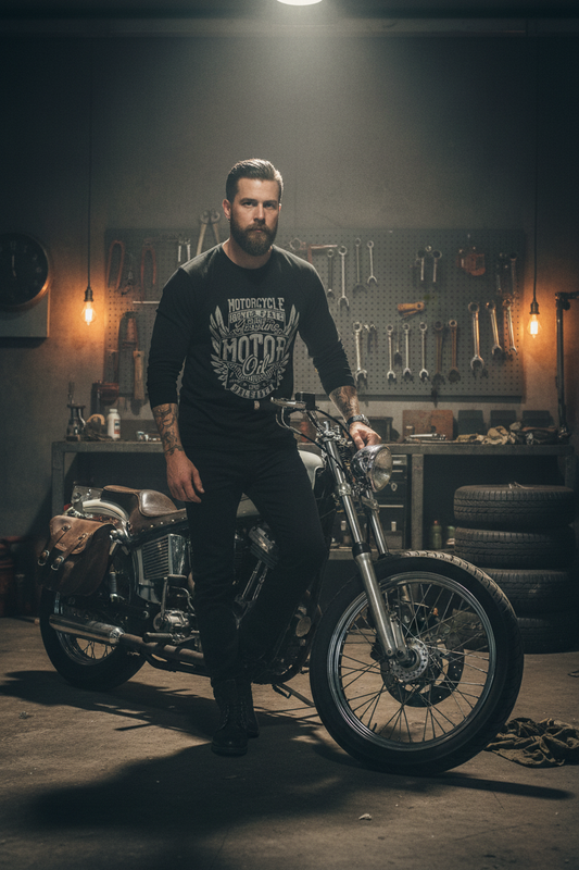 Male model wearing Motor Oil Classic black full-sleeve t-shirt in industrial garage setting
