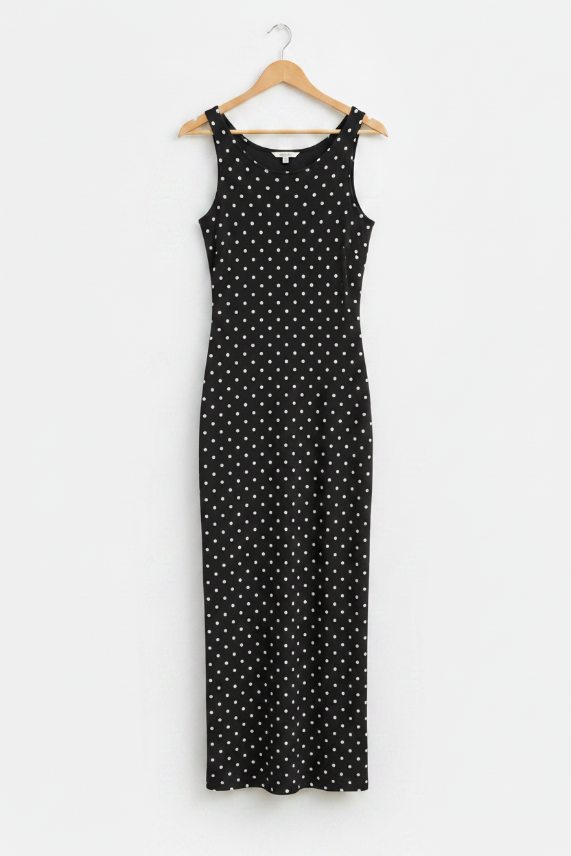 Classic Noir Polka Bodycon Dress - black bodycon dress with white polka dots on wooden hanger, white studio background