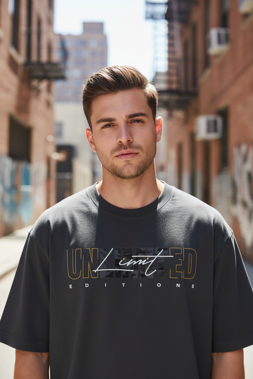 Male model wearing Unlimited Energy oversized t-shirt
