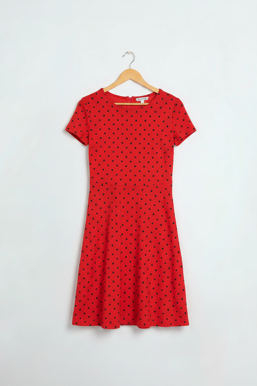 Retro Scarlet Polka A-Line Dress - dress on wooden hanger, white studio background