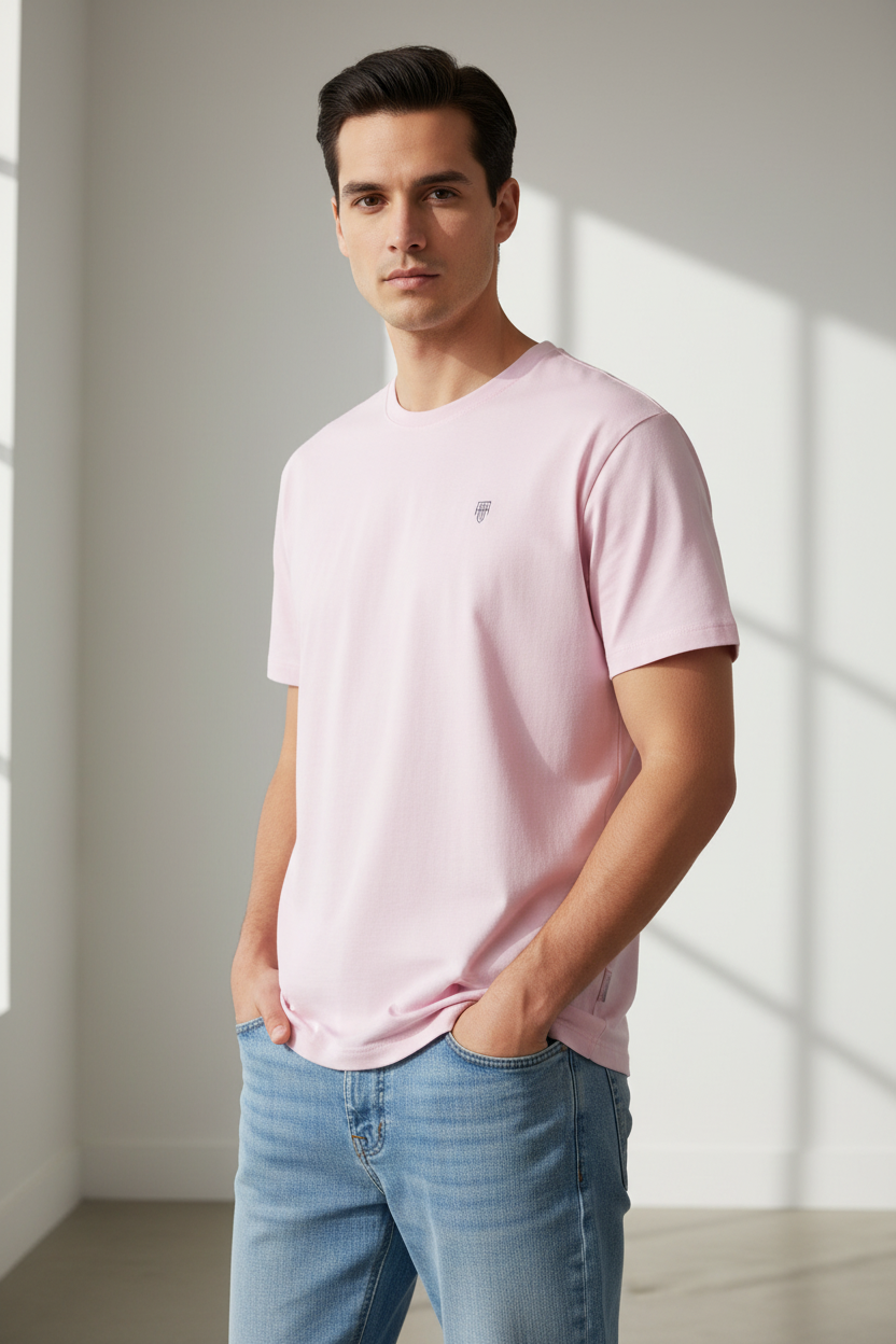 HAViT Men's Crew Neck T-Shirt – Light Baby Pink – Indian Male Model