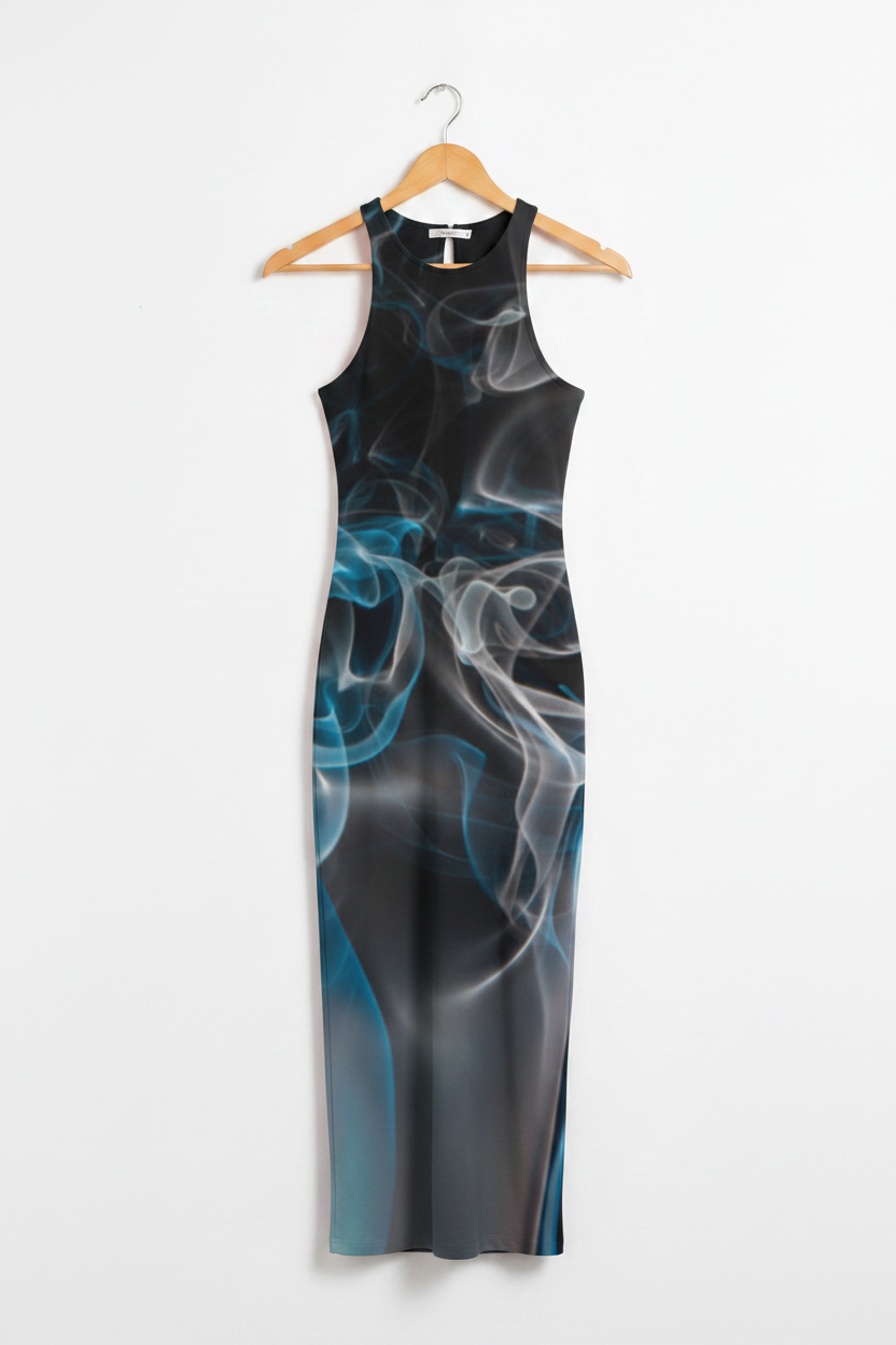 Midnight Vapor Bodycon Dress - black and blue smoke vapor-pattern bodycon dress on wooden hanger, white studio background