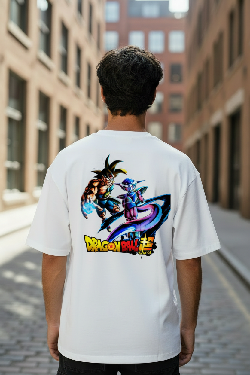 Male model wearing Cosmic Tyrant Awakening oversized t-shirt - back design