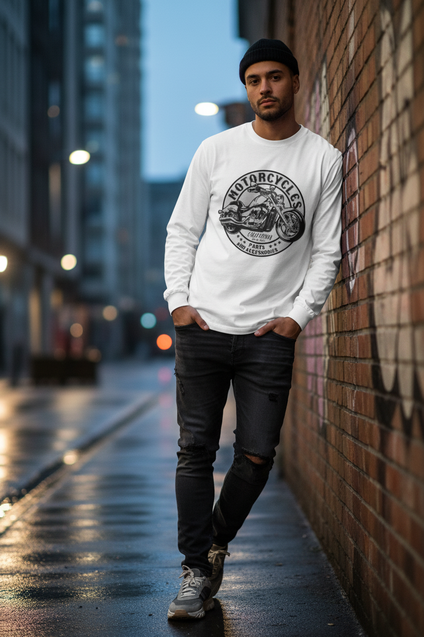 Male model wearing Motorcycle Legacy full-sleeve t-shirt in urban street setting