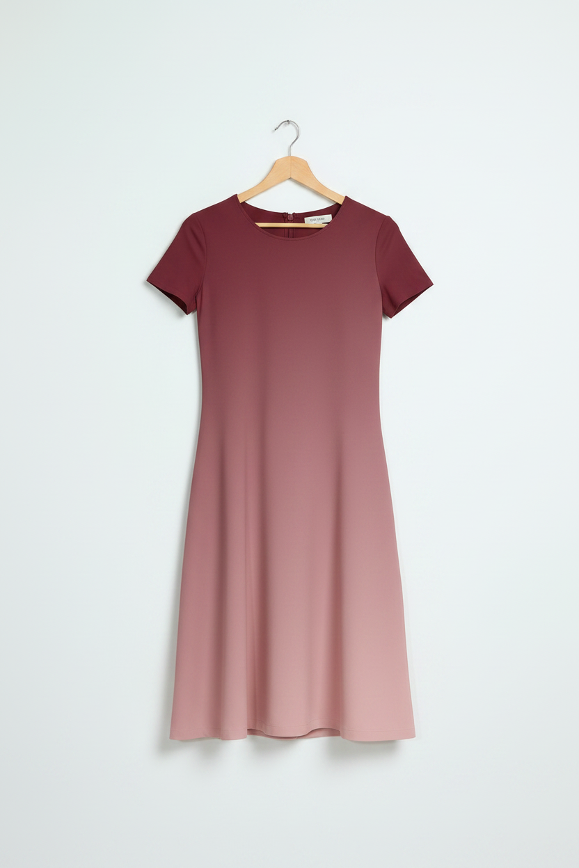 Rosewood Fade A-Line Dress hanging on a light birch wood hanger, diagonal wine red-to-blush pink gradient, clean minimal white background, product-only shot