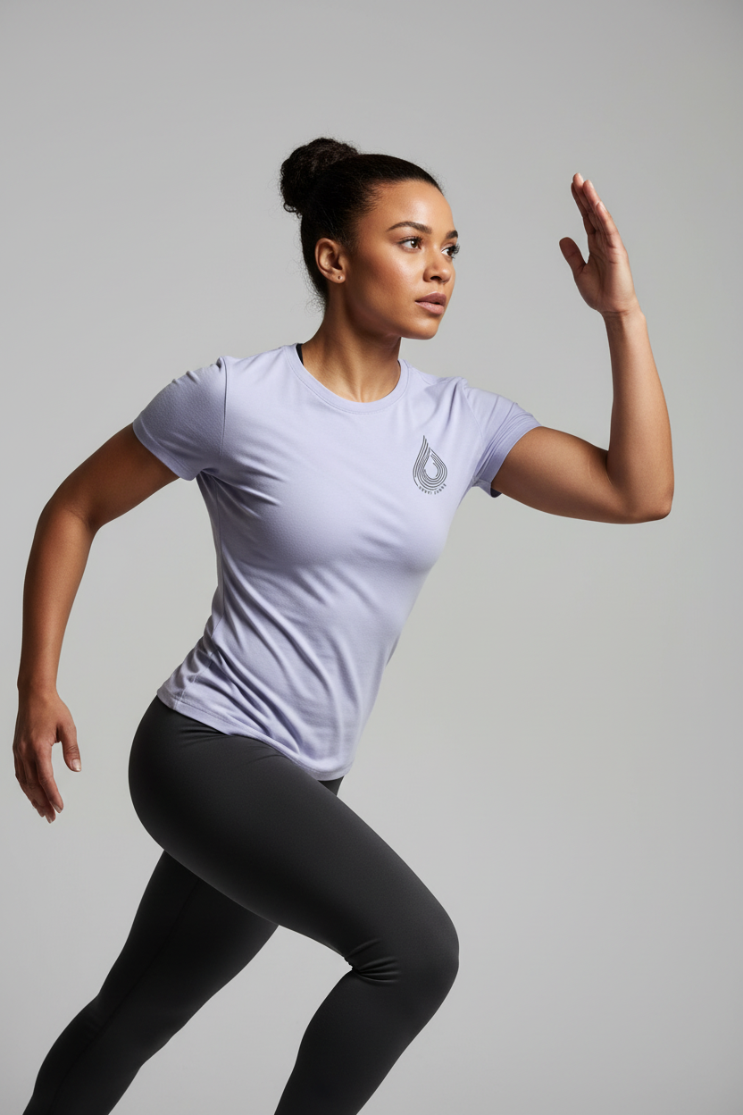 Model wearing Sweat State-Stretch T-shirt in Lavender