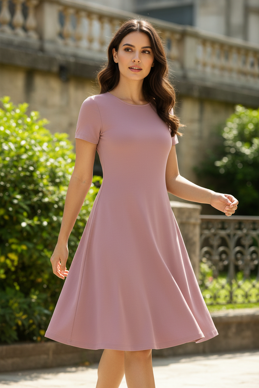 Indian model wearing dust rose A-line dress