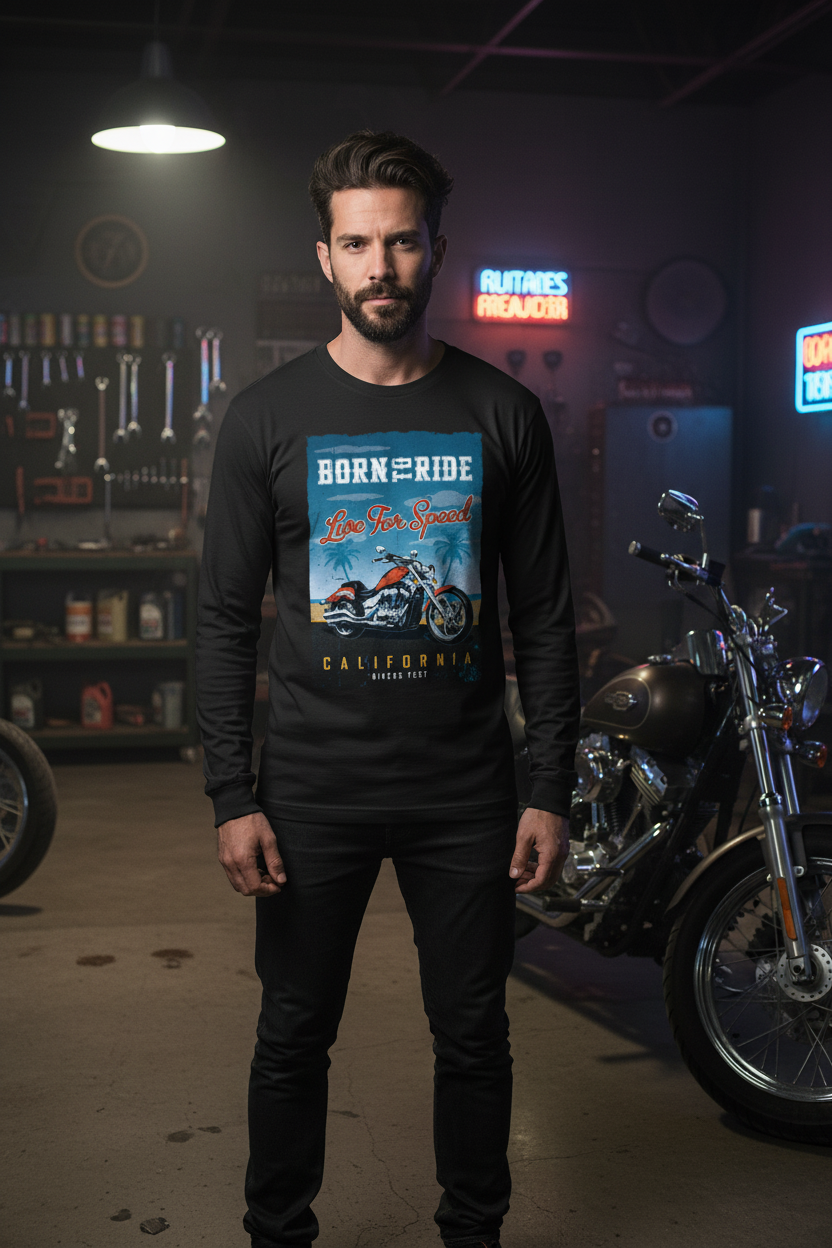 Male model wearing Born to Ride black full-sleeve t-shirt in garage biker setting