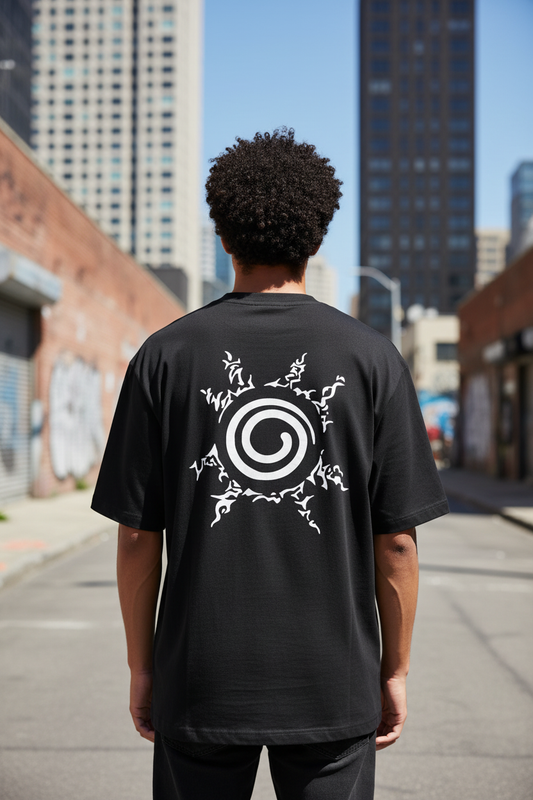 Male model wearing Uzumaki Clan Spiral Emblem oversized t-shirt - back view