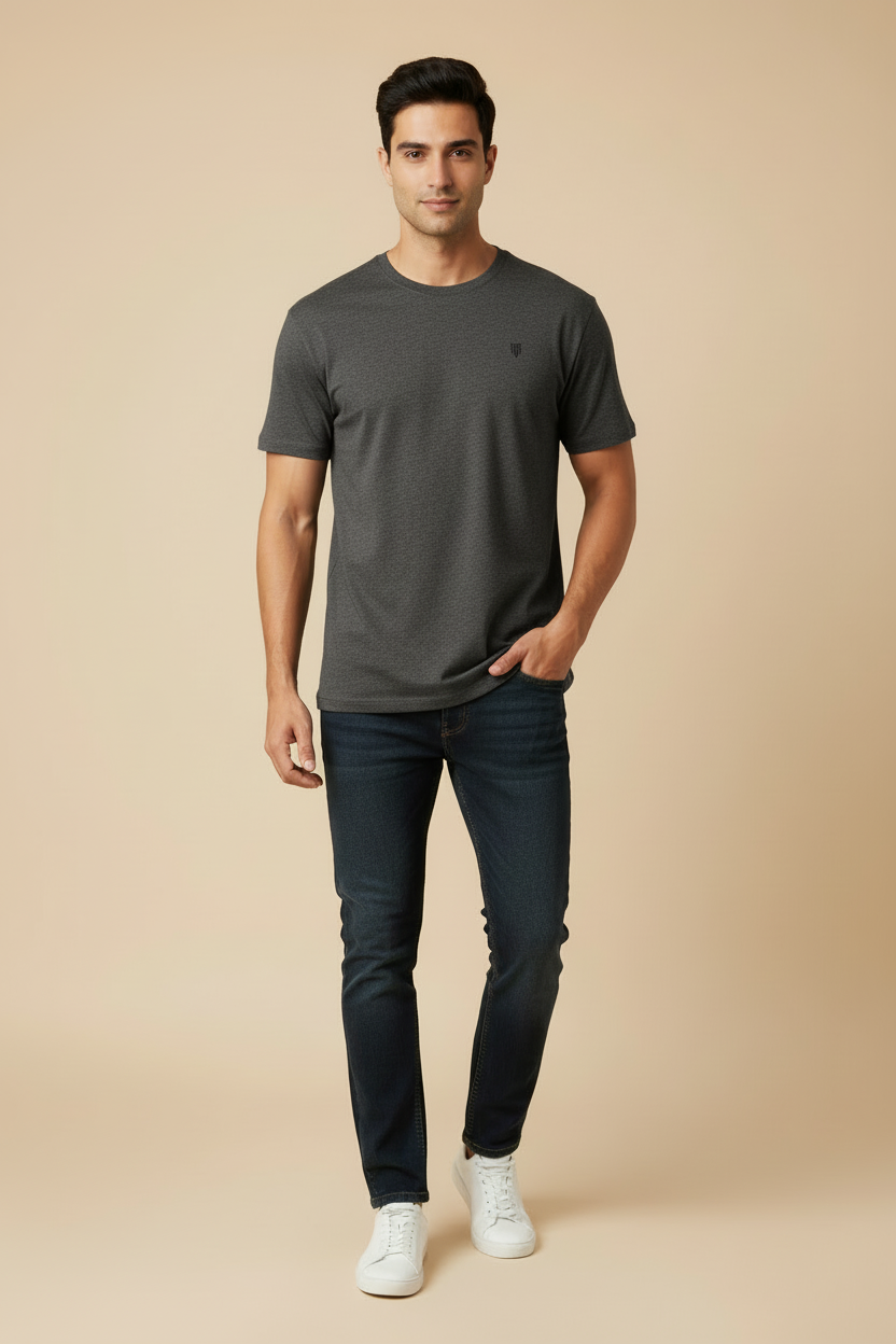 HAViT Men's Crew Neck T-Shirt – Charcoal Melange – Indian Male Model