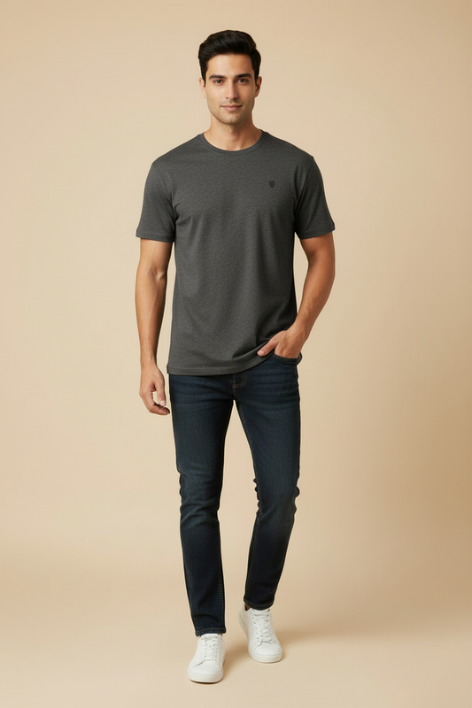 HAViT Men's Crew Neck T-Shirt – Charcoal Melange – Indian Male Model