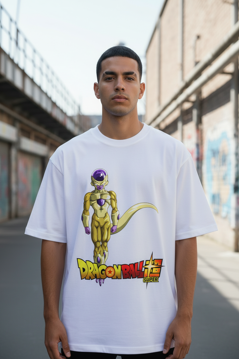 Male model wearing Golden Tyrant Ascension oversized t-shirt