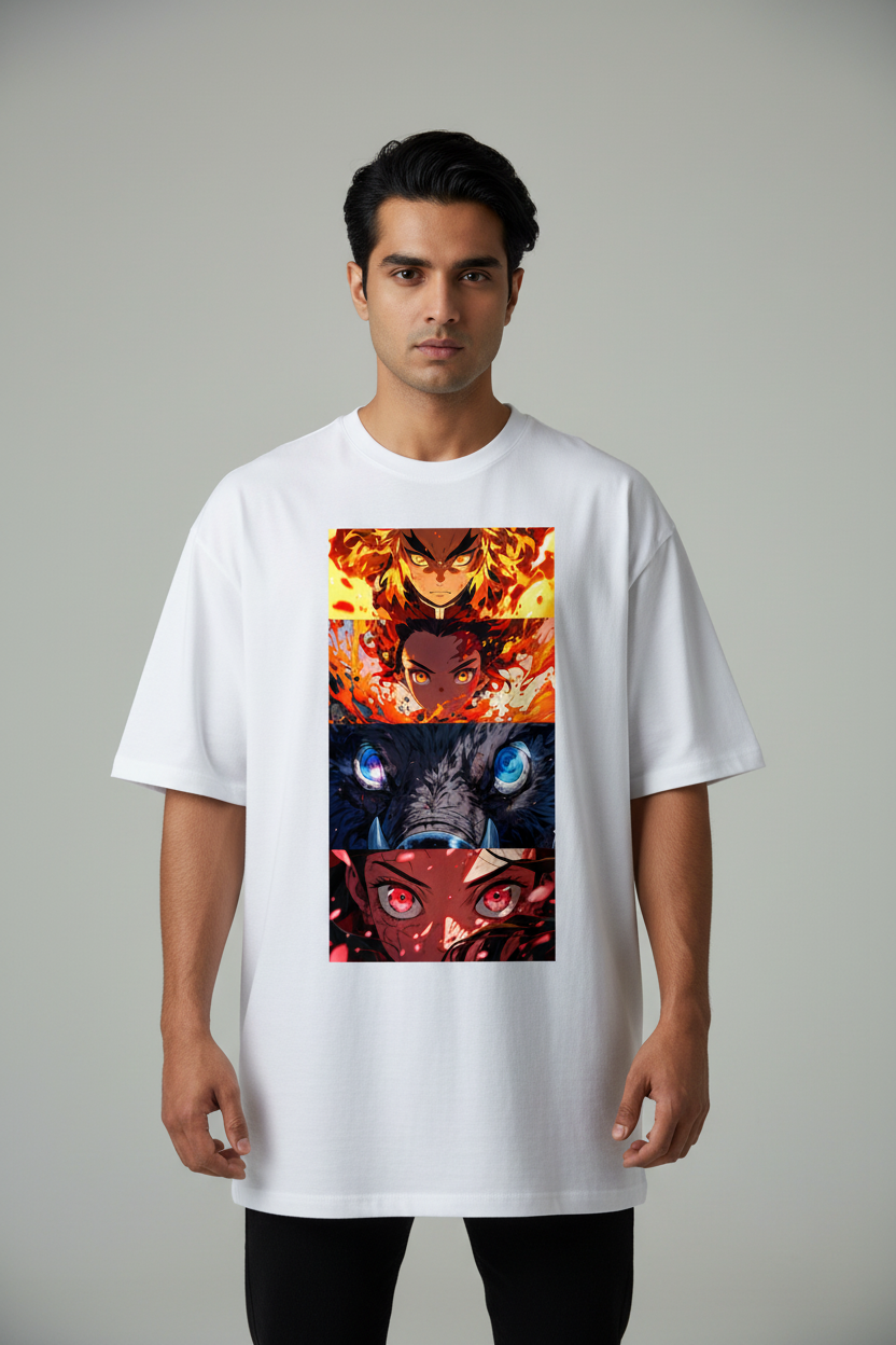 Flame & Beast Saga Oversized T-Shirt – White – Front – Indian Male Model