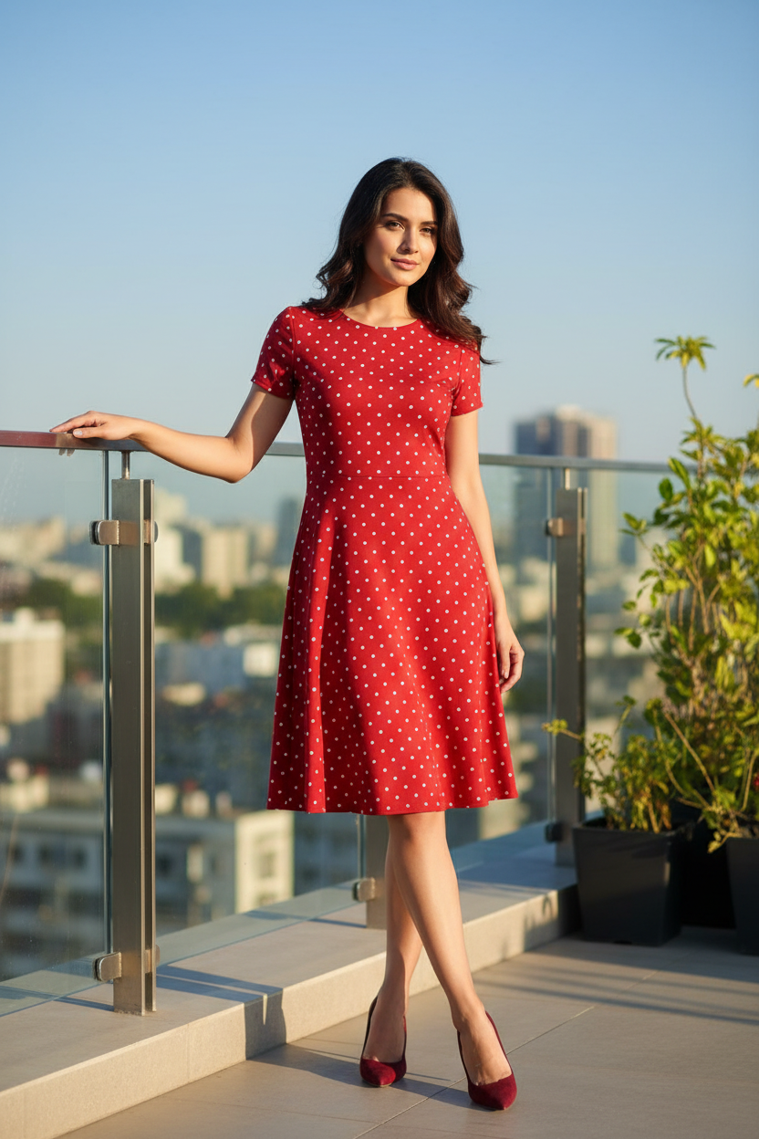 Crimson Charm A-Line Dress - fair-skinned Indian female model wearing crimson red A-line dress in lifestyle indoor setting, brunch rooftop vibe