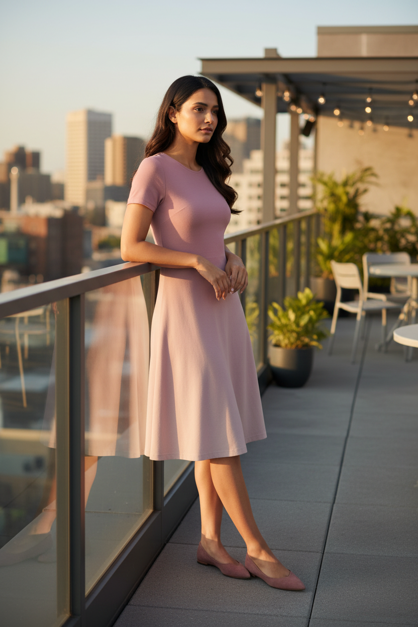 Indian female model wearing Blush Bloom A-Line Dress at rooftop café, leaning on railing gazing into distance, full body shot