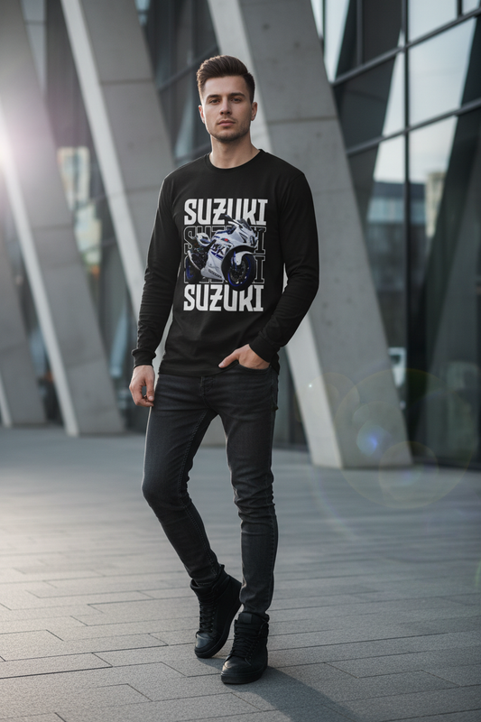 Male model wearing Suzuki Speed black full-sleeve t-shirt in modern urban setting