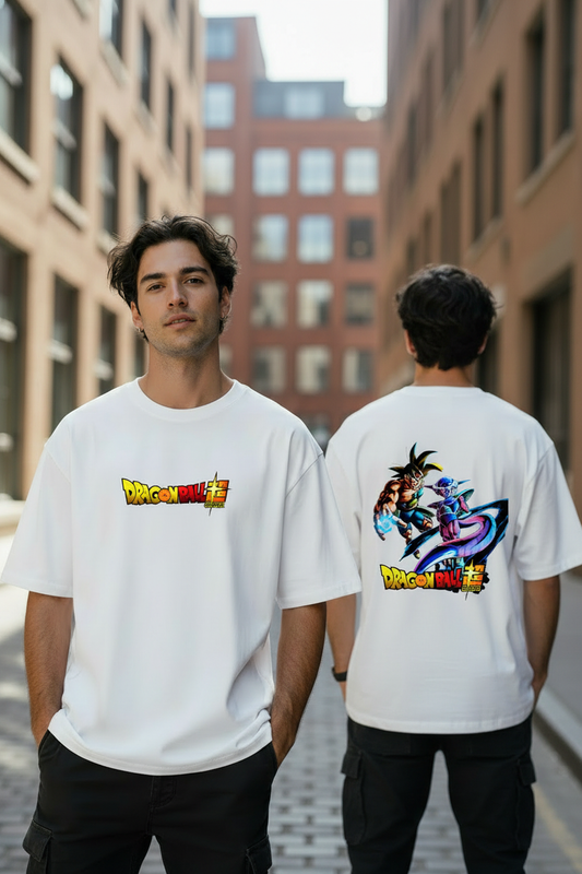 Male model wearing Cosmic Tyrant Awakening oversized t-shirt - front and back view