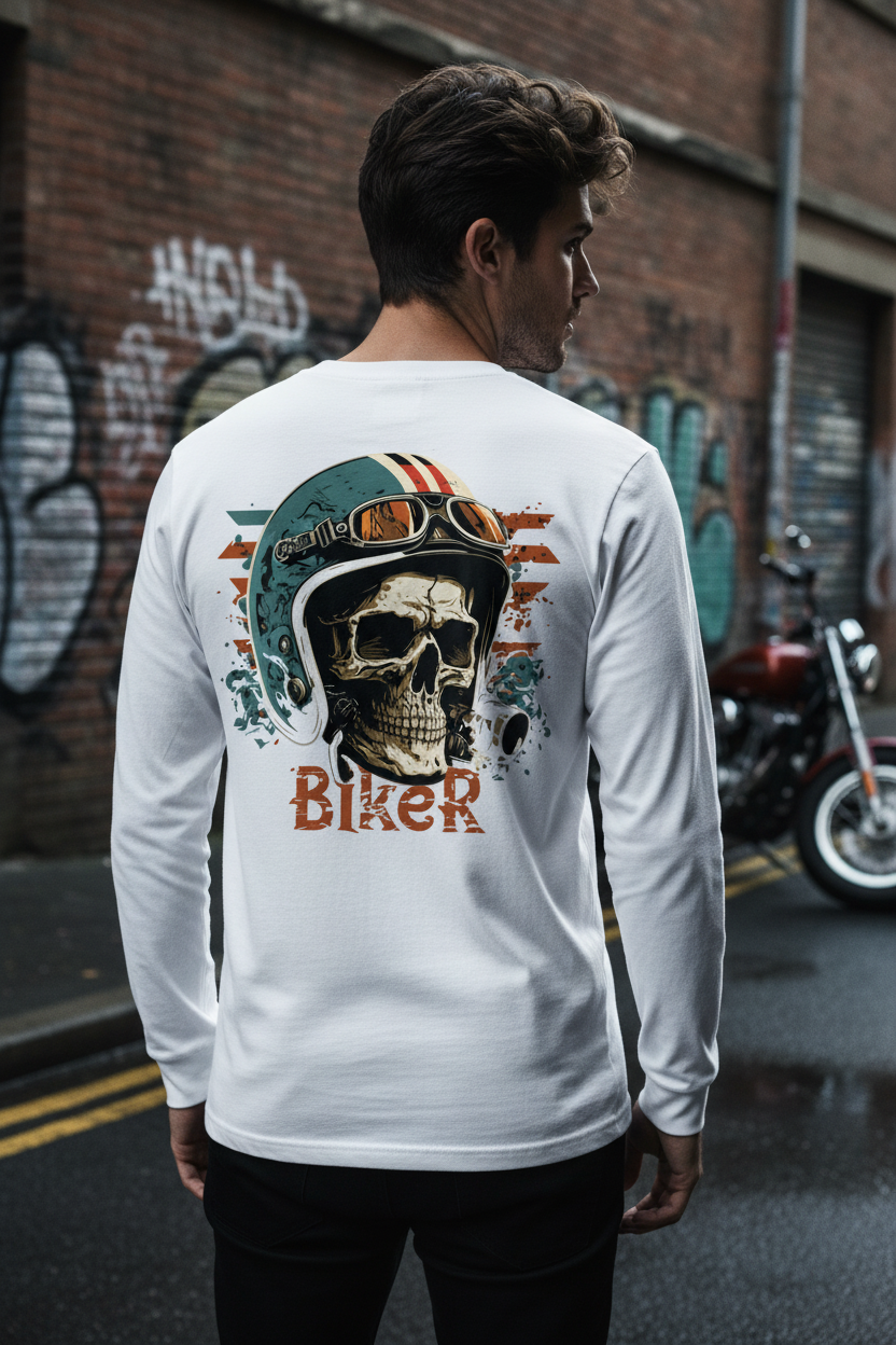 Male model wearing Skull Rider full-sleeve t-shirt in urban street edgy biker setting