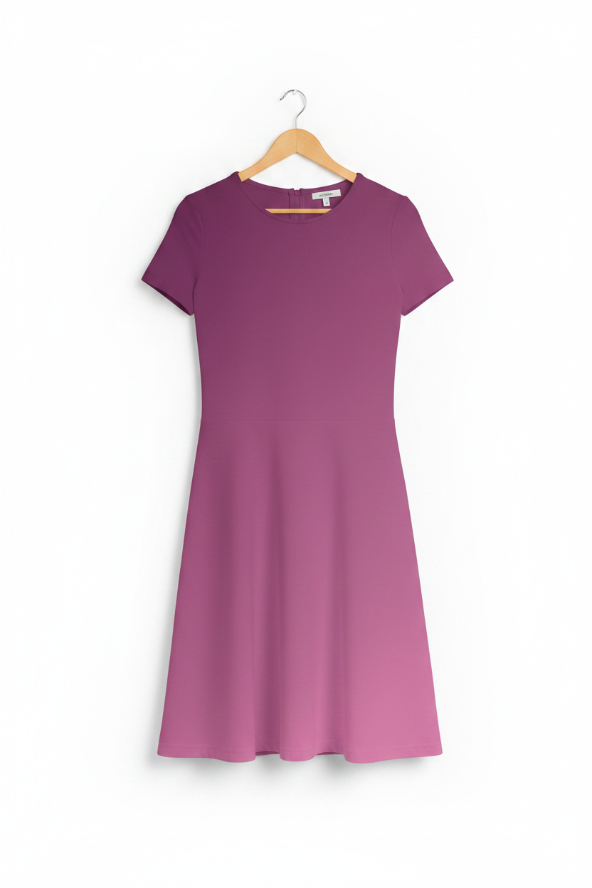 Royal Plum Ombre Dress hanging on a light birch wood hanger, clean minimal white background, product-only shot