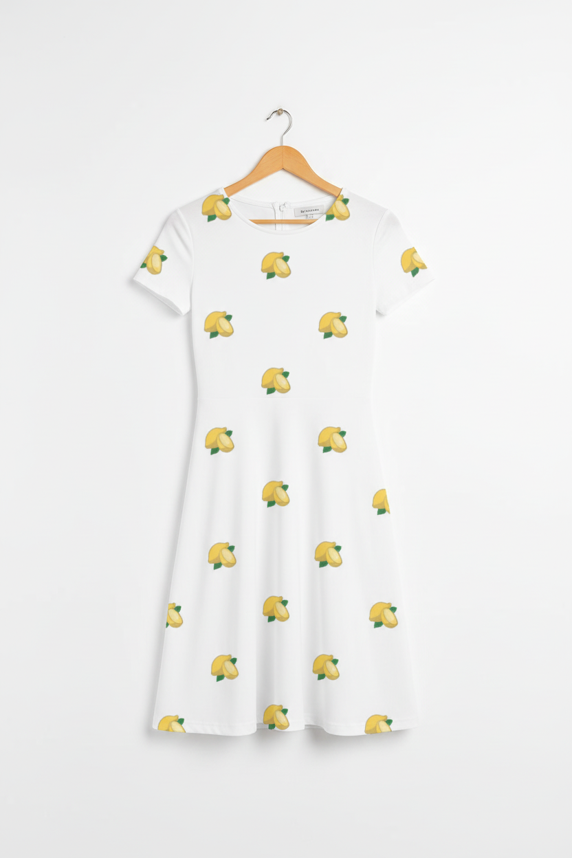 Citrus bloom A-line dress on wooden hanger