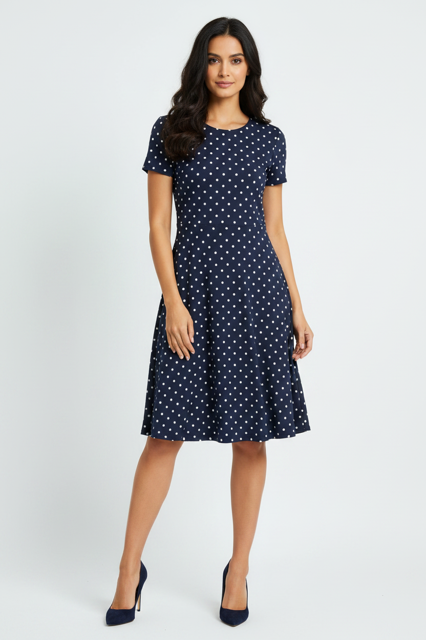 Midnight Blue Polka A-Line Dress - fair-skinned Indian female model wearing midnight blue polka dot A-line dress, matching heels, white studio background