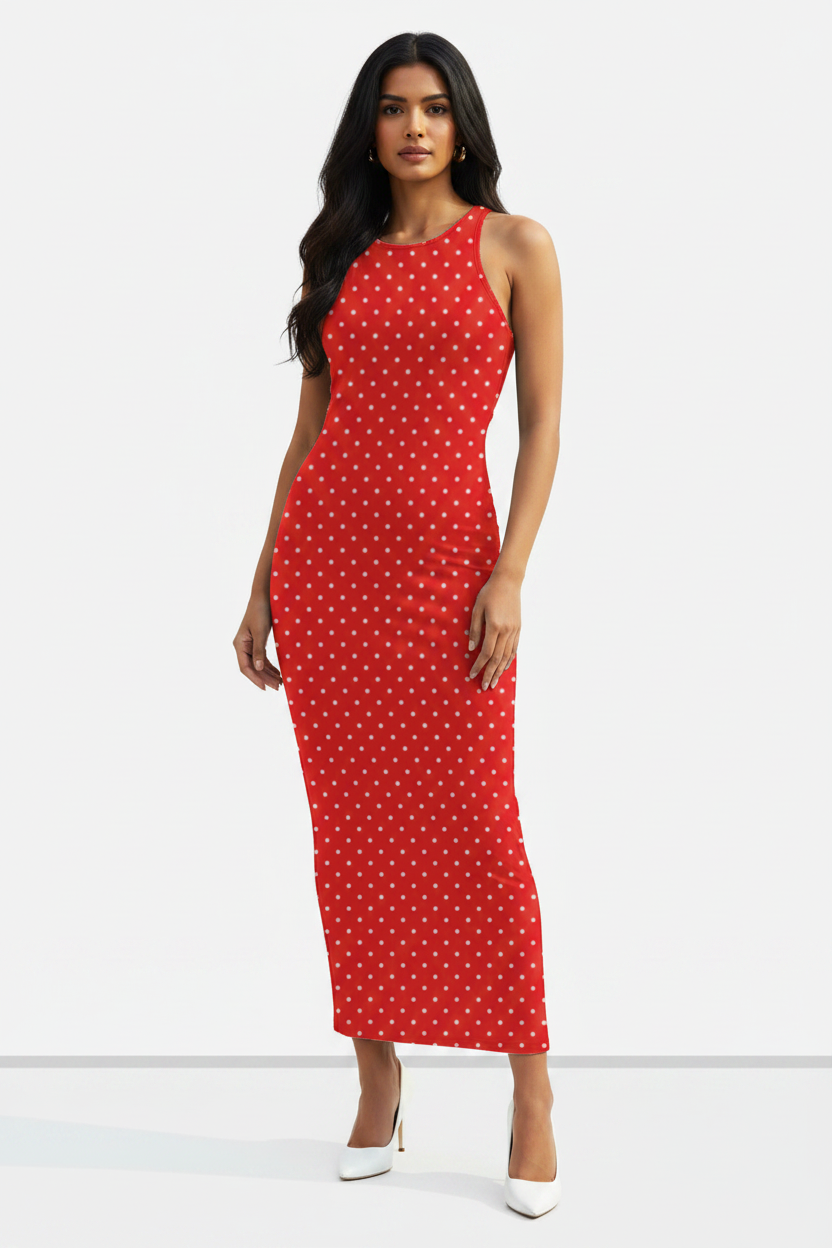 Scarlet Dot Muse Bodycon Dress - wheatish-toned Indian female model wearing scarlet red bodycon dress with white polka dots, nude heels, white studio background
