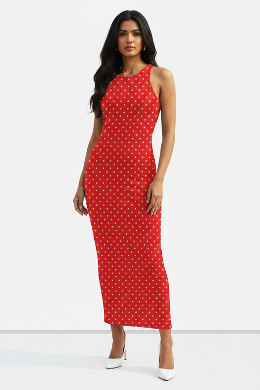Scarlet Dot Muse Bodycon Dress - wheatish-toned Indian female model wearing scarlet red bodycon dress with white polka dots, nude heels, white studio background