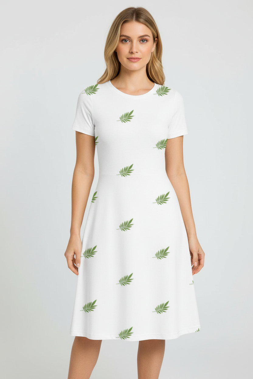 White model wearing tropical palm A-line dress