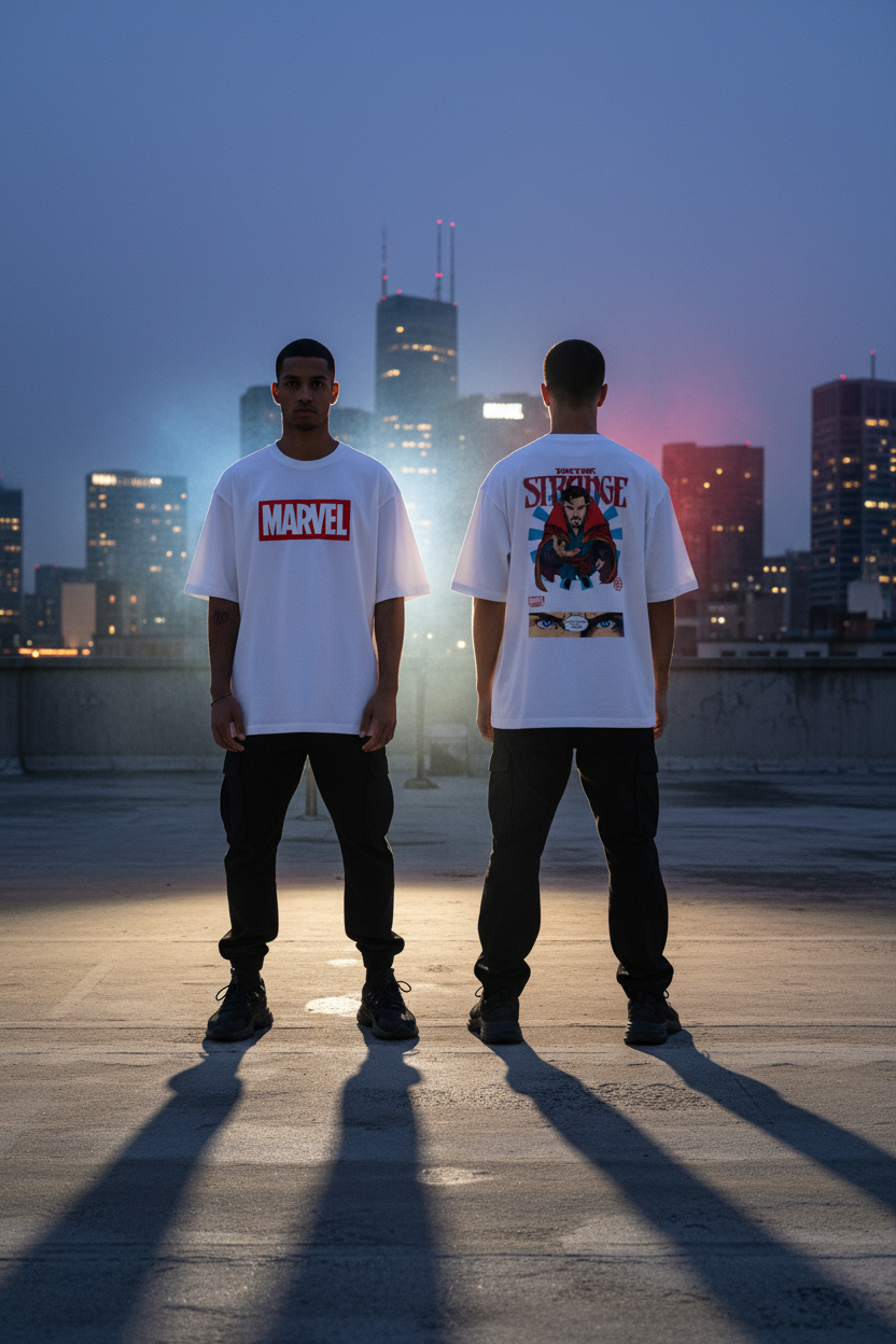 Male model wearing Mystic Sorcerer Supreme oversized t-shirt showing front and back views