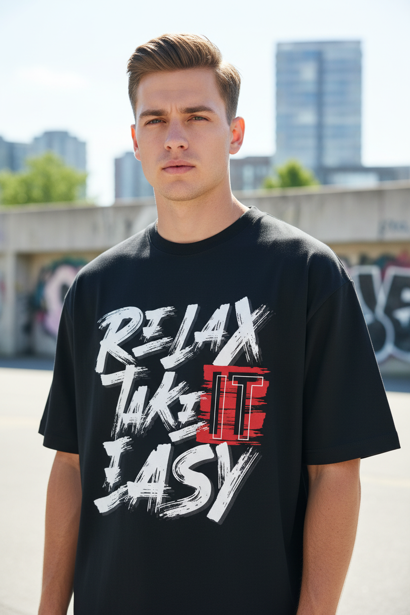 Male model wearing Relax. Take It Easy oversized t-shirt
