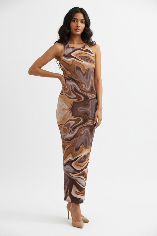 Mocha Flow Bodycon Dress - wheatish-toned Indian female model wearing mocha marble print bodycon dress, nude heels, white studio background