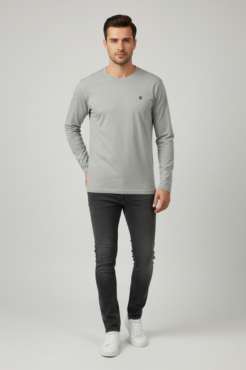 Male model wearing HAViT Full Sleeve T-Shirt in Grey Melange