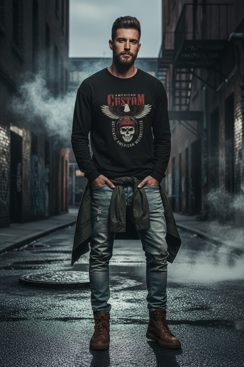 Male model wearing American Custom black full-sleeve t-shirt in urban street setting