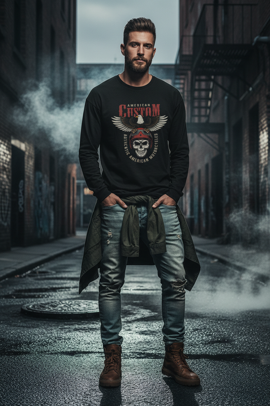 Male model wearing American Custom black full-sleeve t-shirt in urban street setting