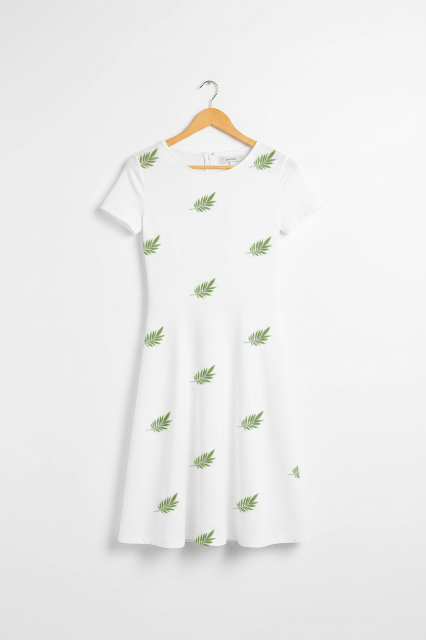 Tropical palm A-line dress on wooden hanger
